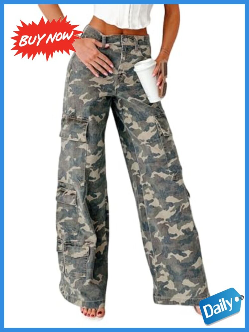 Wide Leg Camo Cargo Jeans Mid Rise Cotton Blend Streetwear